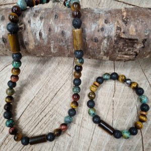 Parure, ou bracelet ,œil de tigre, et taureau, turquoise d'Afrique